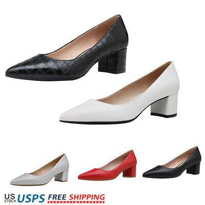 Women's Slip On Pump Shoes Low Chunky Block Pointed Toe Wedding Dress Shoes