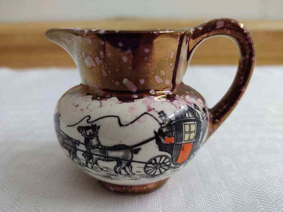 Vintage Gray's pottery, small pitcher, horse/carriage scene/lustreware.